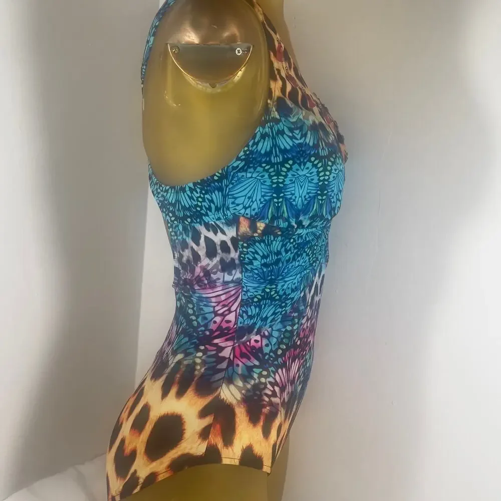 Venus Jungle Party One-Piece Swimsuit V-Neck Gold Ring Animal Print Womens 12